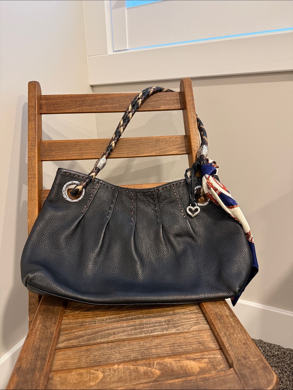 Brighton Genuine Leather Black Shoulder Bag Braided Handles Scarf Accent